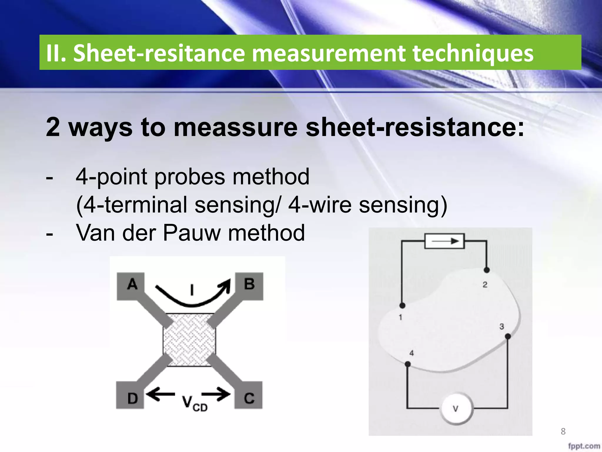 II. Sheet-resitance measurement techniques
8
2 ways to meassure sheet-resistance:
- 4-point probes method
(4-terminal sensing/ 4-wire sensing)
- Van der Pauw method
 