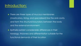 Introduction:
 There are three types of mucous membranes
(masticatory, lining, and specialized) line the oral cavity
and form the structural boundary between the body
and the external environment.
 Epithelia exhibit considerable differences in their
histology, thickness and differentiation suitable for the
functional demands of their location
 
