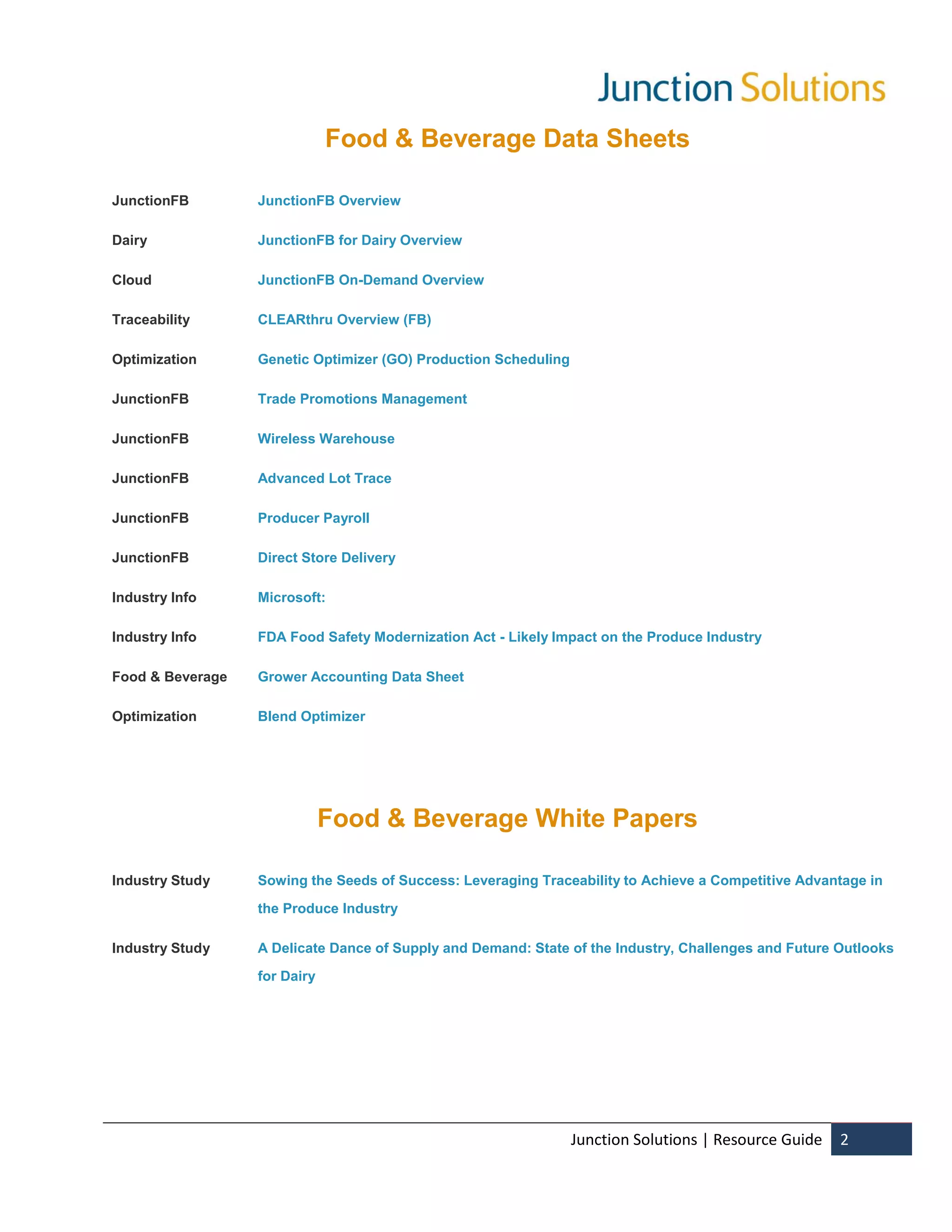 Food & Beverage Data Sheets

JunctionFB        JunctionFB Overview

Dairy             JunctionFB for Dairy Overview

Cloud             JunctionFB On-Demand Overview

Traceability      CLEARthru Overview (FB)

Optimization      Genetic Optimizer (GO) Production Scheduling

JunctionFB        Trade Promotions Management

JunctionFB        Wireless Warehouse

JunctionFB        Advanced Lot Trace

JunctionFB        Producer Payroll

JunctionFB        Direct Store Delivery

Industry Info     Microsoft:

Industry Info     FDA Food Safety Modernization Act - Likely Impact on the Produce Industry

Food & Beverage   Grower Accounting Data Sheet

Optimization      Blend Optimizer




                              Food & Beverage White Papers

Industry Study    Sowing the Seeds of Success: Leveraging Traceability to Achieve a Competitive Advantage in

                  the Produce Industry

Industry Study    A Delicate Dance of Supply and Demand: State of the Industry, Challenges and Future Outlooks

                  for Dairy




                                                                 Junction Solutions | Resource Guide   2
 