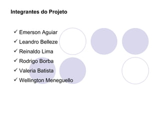 Integrantes do Projeto


  Emerson Aguiar
  Leandro Belleze
  Reinaldo Lima
  Rodrigo Borba
  Valeria Batista
  Wellington Meneguello
 