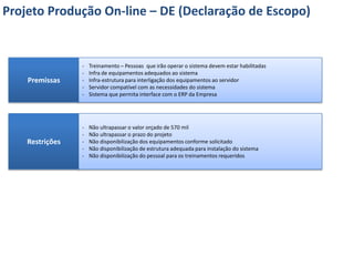 Projeto Produção On-line – DE (Declaração de Escopo)


                 -   Treinamento – Pessoas que irão operar o sistema devem estar habilitadas
                 -   Infra de equipamentos adequados ao sistema
    Premissas    -   Infra-estrutura para interligação dos equipamentos ao servidor
                 -   Servidor compatível com as necessidades do sistema
                 -   Sistema que permita interface com o ERP da Empresa




                 -   Não ultrapassar o valor orçado de 570 mil
                 -   Não ultrapassar o prazo do projeto
    Restrições   -   Não disponibilização dos equipamentos conforme solicitado
                 -   Não disponibilização de estrutura adequada para instalação do sistema
                 -   Não disponibilização do pessoal para os treinamentos requeridos
 