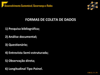ESTRUTURA FORMAS DE COLETA DE DADOS 1) Pesquisa bibliográfica; 2) Análise documental; 3) Questionário; 4) Entrevista Semi-estruturada; 5) Observação direta; 6) Longitudinal Tipo Painel. 