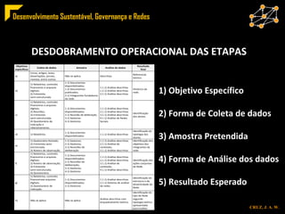 DESDOBRAMENTO OPERACIONAL DAS ETAPAS 1) Objetivo Específico 2) Forma de Coleta de dados 3) Amostra Pretendida 4) Forma de Análise dos dados 5) Resultado Esperado 