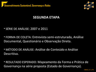 SEGUNDA ETAPA SÉRIE DE ANÁLISE:  2007 e 2011 FORMA DE COLETA:  Entrevista semi-estruturada, Análise Documental, Questionário e Observação Direta. MÉTODO DE ANÁLISE:  Análise de Conteúdo e Análise Descritiva. RESULTADO ESPERADO:  Mapeamento da Forma e Prática de Governança na série proposta (Estado de Governança). 