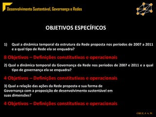 OBJETIVOS ESPECÍFICOS Qual a dinâmica temporal da estrutura da Rede proposta nos períodos de 2007 a 2011 e a qual tipo de Rede ela se enquadra? 8 Objetivos – Definições constitutivas e operacionais 2) Qual a dinâmica temporal da Governança da Rede nos períodos de 2007 e 2011 e a qual tipo de governança ela se enquadra? 4 Objetivos – Definições constitutivas e operacionais 3) Qual a relação das ações da Rede proposta e sua forma de  Governança com a proposição de desenvolvimento sustentável em  suas dimensões? 4 Objetivos – Definições constitutivas e operacionais 