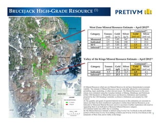 BRUCEJACK HIGH-GRADE RESOURCE (1)


                                   West Zone Mineral Resource Estimate – April 2012(4)
                                                                                               Contained(3)
                                    Category           Tonnes        Gold        Silver       Gold     Silver
                                                        (mil)        (g/t)       (g/t)       (mil oz) (mil oz)
                                    Measured             2.4          5.85        347          0.5      26.8
                                    Indicated            2.5          5.86        190          0.5      15.1
                                    M+I                  4.9          5.85        267          0.9      41.9
                                    Inferred(2)          4.0          6.44         82          0.8      10.6




                           Valley of the Kings Mineral Resource Estimate – April 2012(4)
                                                                                                Contained(3)
                                     Category           Tonnes        Gold       Silver       Gold     Silver
                                                         (mil)        (g/t)      (g/t)       (mil oz) (mil oz)
                                    Indicated             8.9         17.3        14.5         4.9       4.1
                                    Inferred(2)           12.7        25.5        11.6         10.4      4.7




                           (1) Mineral Resources which are not Mineral Reserves do not have demonstrated economic
                           viability. The estimate of Mineral Resources may be materially affected by environmental,
                           permitting, legal, marketing, or other relevant issues. The Mineral Resources in this news
                           release were estimated using the Canadian Institute of Mining, Metallurgy and Petroleum
                           (CIM), CIM Standards on Mineral Resources and Reserves, Definitions and Guidelines
                           prepared by the CIM Standing Committee on Reserve Definitions and adopted by CIM
                           Council.
                           (2) The quantity and grade of reported Inferred resources in this estimation are uncertain in
                           nature and there has been insufficient exploration to define these Inferred Resources as an
                           Indicated or Measured Mineral Resource and it is uncertain if further exploration will result in
                           upgrading them to an Indicated or Measured Mineral Resource category.
                           (3) Contained metal may differ due to rounding.
                           (4) The Mineral Resource estimate is defined using 5 m by 5 by 5 m blocks in the well drilled
                           portion of West Zone (5 m by 10 m drilling or better) and 10 m by 10 m by 10 m blocks in the
                           remainder of West Zone and in Valley of the Kings.
                                                                                                                           5
 