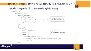 "hybrid": {
"queries": [{
"multi_match": {
"query": "test",
"fields": ["title", "description"],
"type": "best_fields"}
},
{
"nested": {
"path": "chunks",
"query": {
"knn": {
"chunks.embedding": {
"vector": [/* LLM generated embeddings */],
"k": 100
}}}}}]
}
HYBRID SEARCH IMPROVEMENTS IN OPENSEARCH V2.19
Add sub-queries in the search hybrid query:
 