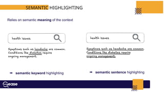 SEMANTIC HIGHLIGHTING
Relies on semantic meaning of the context
➡ semantic keyword highlighting ➡ semantic sentence highlighting
 