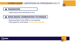 HYBRID QUERY LIMITATIONS IN OPENSEARCH V2.17
● RANK-BASED COMBINATION TECHNIQUE
● PAGINATION
- Hybrid query returns all results at once
- Reciprocal Rank Fusion (RRF) is not supported
- Only support for score-based min-max normalization
 