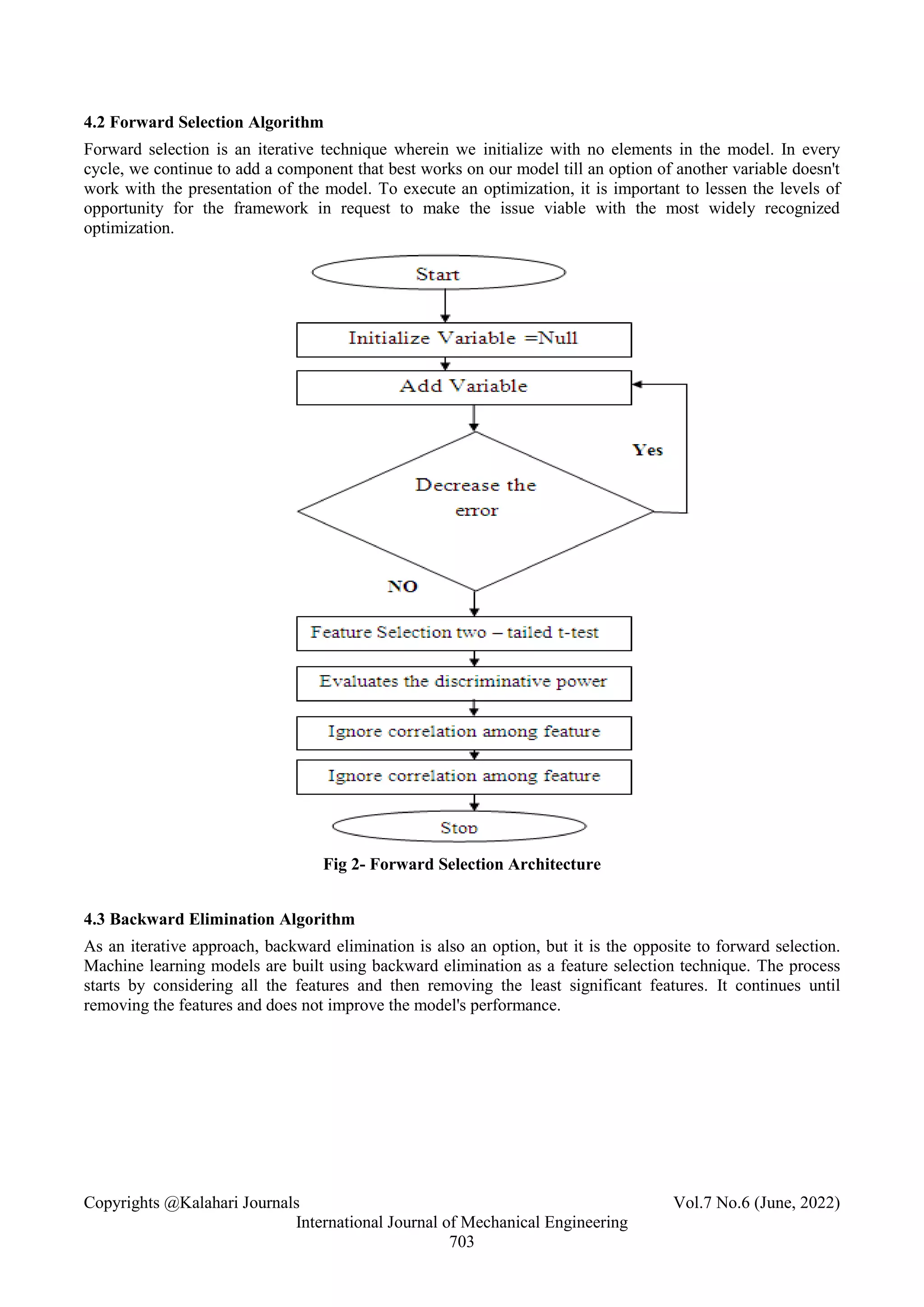 Copyrights @Kalahari Journals Vol.7 No.6 (June, 2022)
International Journal of Mechanical Engineering
703
4.2 Forward Selection Algorithm
Forward selection is an iterative technique wherein we initialize with no elements in the model. In every
cycle, we continue to add a component that best works on our model till an option of another variable doesn't
work with the presentation of the model. To execute an optimization, it is important to lessen the levels of
opportunity for the framework in request to make the issue viable with the most widely recognized
optimization.
Fig 2- Forward Selection Architecture
4.3 Backward Elimination Algorithm
As an iterative approach, backward elimination is also an option, but it is the opposite to forward selection.
Machine learning models are built using backward elimination as a feature selection technique. The process
starts by considering all the features and then removing the least significant features. It continues until
removing the features and does not improve the model's performance.
 