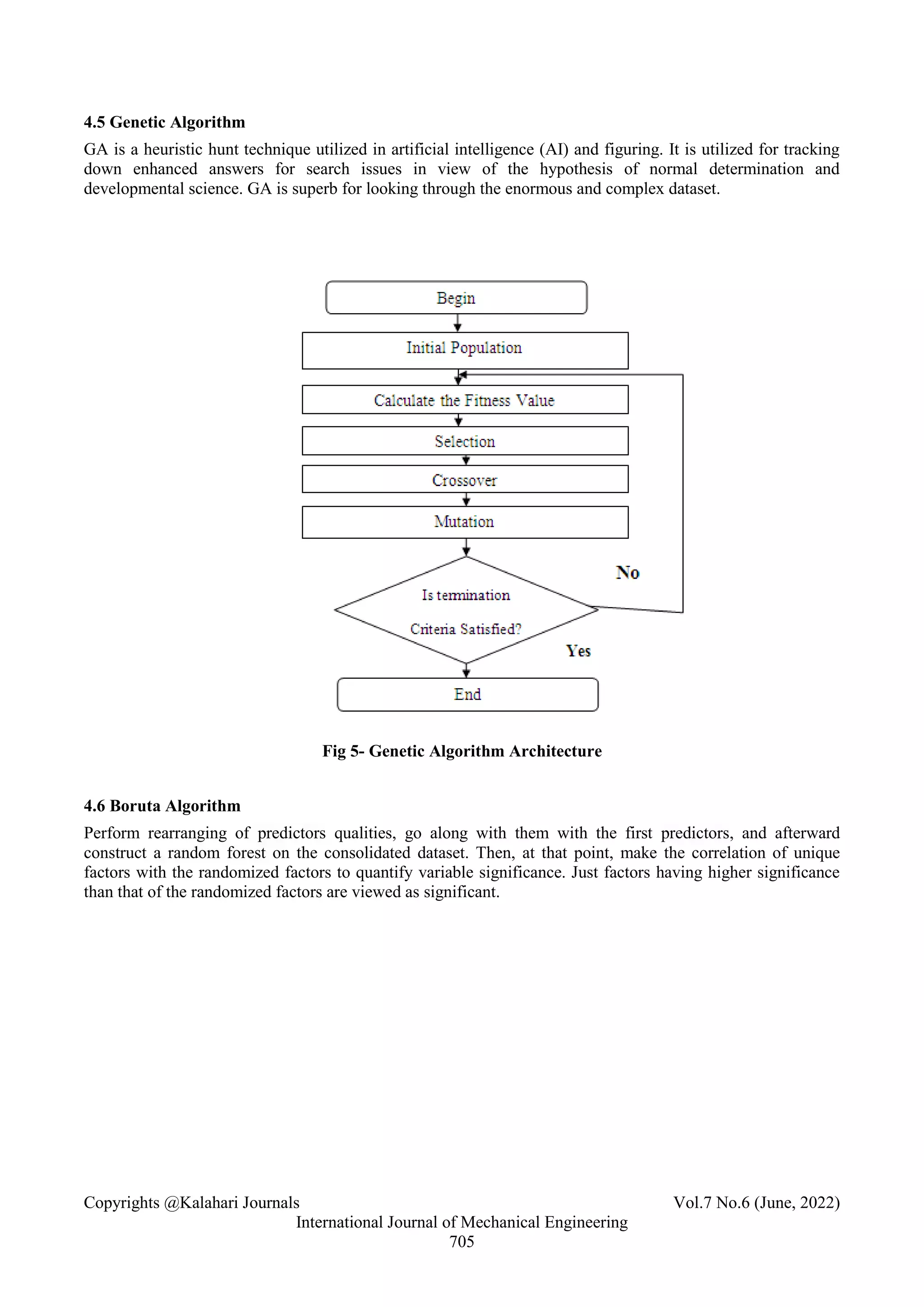 Copyrights @Kalahari Journals Vol.7 No.6 (June, 2022)
International Journal of Mechanical Engineering
705
4.5 Genetic Algorithm
GA is a heuristic hunt technique utilized in artificial intelligence (AI) and figuring. It is utilized for tracking
down enhanced answers for search issues in view of the hypothesis of normal determination and
developmental science. GA is superb for looking through the enormous and complex dataset.
Fig 5- Genetic Algorithm Architecture
4.6 Boruta Algorithm
Perform rearranging of predictors qualities, go along with them with the first predictors, and afterward
construct a random forest on the consolidated dataset. Then, at that point, make the correlation of unique
factors with the randomized factors to quantify variable significance. Just factors having higher significance
than that of the randomized factors are viewed as significant.
 