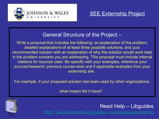 General Structure of the Project – Write a proposal that includes the following: an explanation of the problem; detailed explanations of at least three possible solutions; and your recommended solution with an explanation of why this solution would work best in the problem scenario you are addressing. This proposal must include internal citations for sources used. Be specific with your examples, reference your sources/research, previous course-work and if applicable examples from your externship site.  For example, if your proposed solution has been used by other organizations, what impact did it have?   SEE Externship Project Need Help – Libguides http://jwucharlotte.libguides.com/seeexternship 