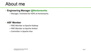 © Hortonworks Inc. 2011 - 2015
About me
• Engineering Manager @Hortonworks
– Manager / Architect for HDFS at Hortonworks
• ASF Member
– PMC Member at Apache Hadoop
– PMC Member at Apache Ambari
– Committer in Apache Hive
Page 2Architecting the Future of Big Data
 