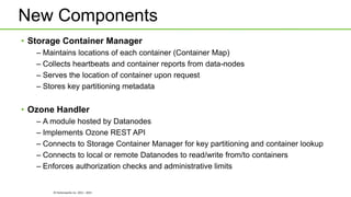© Hortonworks Inc. 2011 - 2015
New Components
• Storage Container Manager
– Maintains locations of each container (Container Map)
– Collects heartbeats and container reports from data-nodes
– Serves the location of container upon request
– Stores key partitioning metadata
• Ozone Handler
– A module hosted by Datanodes
– Implements Ozone REST API
– Connects to Storage Container Manager for key partitioning and container lookup
– Connects to local or remote Datanodes to read/write from/to containers
– Enforces authorization checks and administrative limits
 