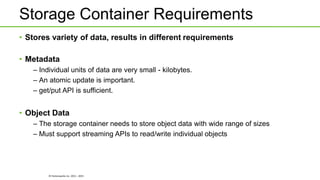 © Hortonworks Inc. 2011 - 2015
Storage Container Requirements
• Stores variety of data, results in different requirements
• Metadata
– Individual units of data are very small - kilobytes.
– An atomic update is important.
– get/put API is sufficient.
• Object Data
– The storage container needs to store object data with wide range of sizes
– Must support streaming APIs to read/write individual objects
 