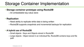 © Hortonworks Inc. 2011 - 2015
Storage Container Implementation
• Storage container prototype using RocksDB
– An embeddable key-value store
• Replication
– Need ability to replicate while data is being written
– RocksDB supports snapshots and incremental backups for replication
• A hybrid use of RocksDB
– Small objects : Keys and Objects stored in RocksDB
– Large objects : Object stored in an individual file, RocksDB contains keys and file
path
 