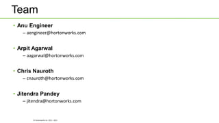 © Hortonworks Inc. 2011 - 2015
Team
• Anu Engineer
– aengineer@hortonworks.com
• Arpit Agarwal
– aagarwal@hortonworks.com
• Chris Nauroth
– cnauroth@hortonworks.com
• Jitendra Pandey
– jitendra@hortonworks.com
 