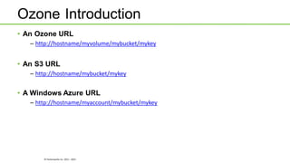© Hortonworks Inc. 2011 - 2015
Ozone Introduction
• An Ozone URL
– http://hostname/myvolume/mybucket/mykey
• An S3 URL
– http://hostname/mybucket/mykey
• A Windows Azure URL
– http://hostname/myaccount/mybucket/mykey
 