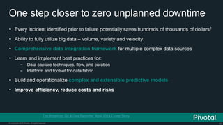 45© Copyright 2015 Pivotal. All rights reserved.
One step closer to zero unplanned downtime
 Every incident identified prior to failure potentially saves hundreds of thousands of dollars1
 Ability to fully utilize big data – volume, variety and velocity
 Comprehensive data integration framework for multiple complex data sources
 Learn and implement best practices for:
– Data capture techniques, flow, and curation
– Platform and toolset for data fabric
 Build and operationalize complex and extensible predictive models
 Improve efficiency, reduce costs and risks
1 The American Oil & Gas Reporter, April 2014 Cover Story
 