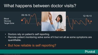 70© Copyright 2015 Pivotal. All rights reserved.
What happens between doctor visits?
Blood
Glucose
Target Zone
09-16-13 12-16-13
• Doctors rely on patient’s self reporting.
• Remote patient monitoring solve some of it but not all as some symptoms are
quantifiable.
• But how reliable is self reporting?
 