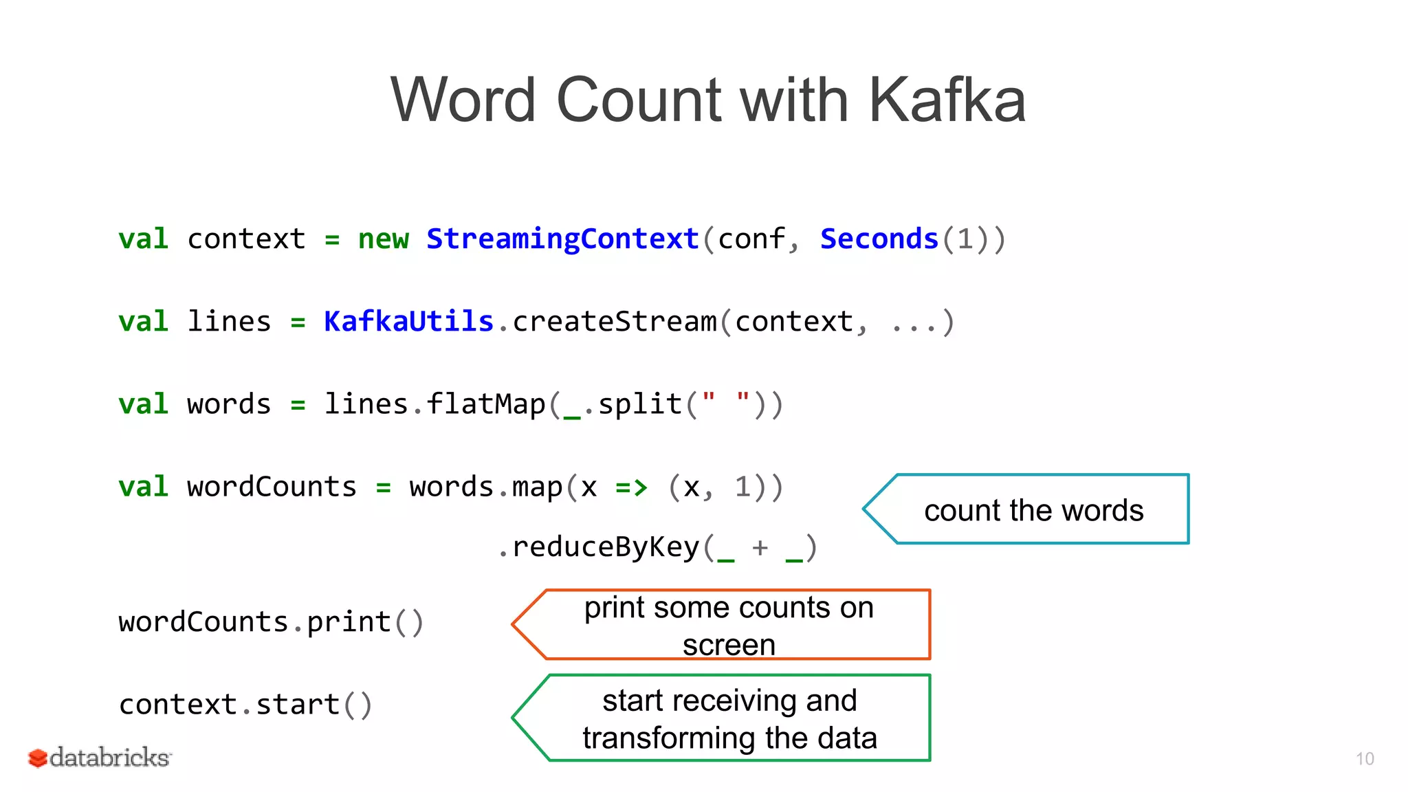 Word Count with Kafka
val context = new StreamingContext(conf, Seconds(1))
val lines = KafkaUtils.createStream(context, ...)
val words = lines.flatMap(_.split(" "))
val wordCounts = words.map(x => (x, 1))
.reduceByKey(_ + _)
wordCounts.print()
context.start()
10
print some counts on
screen
count the words
start receiving and
transforming the data
 