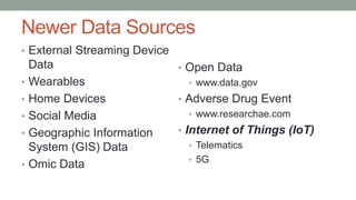 Newer Data Sources
• External Streaming Device
Data
• Wearables
• Home Devices
• Social Media
• Geographic Information
System (GIS) Data
• Omic Data
• Open Data
• www.data.gov
• Adverse Drug Event
• www.researchae.com
• Internet of Things (IoT)
• Telematics
• 5G
 