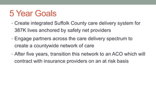 5 Year Goals
• Create integrated Suffolk County care delivery system for
387K lives anchored by safety net providers
• Engage partners across the care delivery spectrum to
create a countywide network of care
• After five years, transition this network to an ACO which will
contract with insurance providers on an at risk basis
 