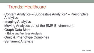 Trends: Healthcare
• Content Analytics – Suggestive Analytics* – Prescriptive
Analytics
• Imaging Analytics
• Moving Analytics out of the EMR Environment
• Graph Data Mart
• Edge and Vertices Analysis
• Omic & Phenotype Combines
• Sentiment Analysis
Dale Sanders
 