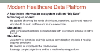 Modern Healthcare Data Platform
A healthcare information ecosystem built on “Big Data”
technologies should:
Be capable of serving the needs of clinicians, operations, quality and research
And should do so in real time and in one environment
Should be:
Able to ingest all healthcare generated data both internal and external in native
format
Should be:
A platform for advanced analytics such as early detection of sepsis & hospital
acquired conditions
Be enabled to predict potential readmissions
Leverage complex algorithms and be a machine learning platform
 