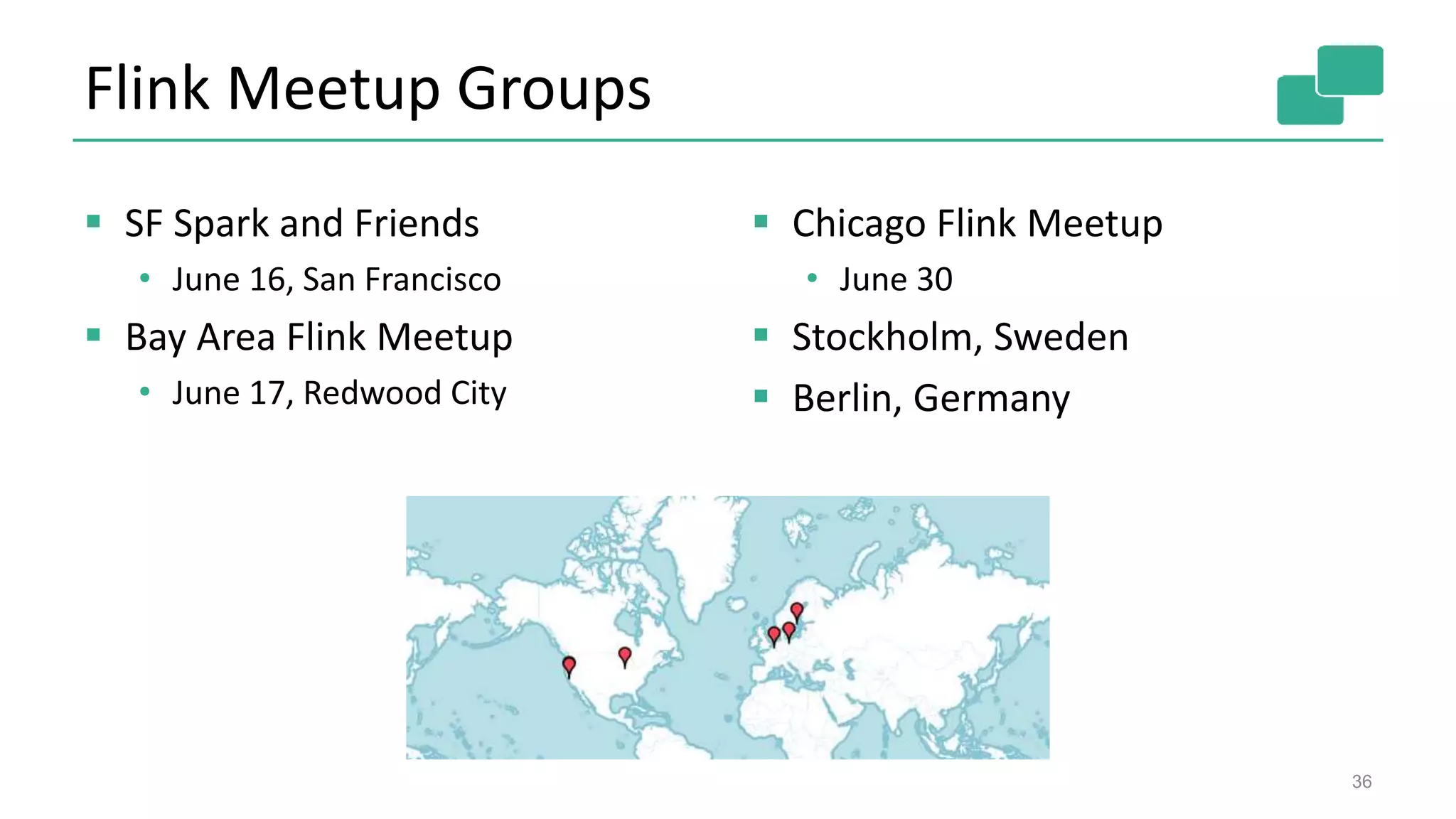 Flink Meetup Groups
 SF Spark and Friends
• June 16, San Francisco
 Bay Area Flink Meetup
• June 17, Redwood City
 Chicago Flink Meetup
• June 30
 Stockholm, Sweden
 Berlin, Germany
36
 