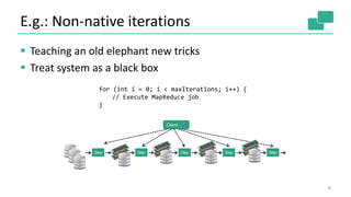 E.g.: Non-native iterations
6
Step Step Step Step Step
Client
for (int i = 0; i < maxIterations; i++) {
// Execute MapReduce job
}
 Teaching an old elephant new tricks
 Treat system as a black box
 