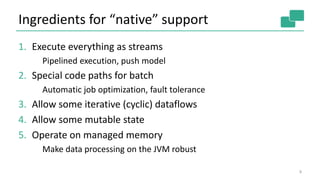 Ingredients for “native” support
1. Execute everything as streams
Pipelined execution, push model
2. Special code paths for batch
Automatic job optimization, fault tolerance
3. Allow some iterative (cyclic) dataflows
4. Allow some mutable state
5. Operate on managed memory
Make data processing on the JVM robust
9
 