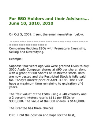 For ESO Holders and their Advisers...
June 10, 2010, 2010

On Oct 5, 2009. I sent the email newsletter below:

 =================================
================
Comparing Hedging ESOs with Premature Exercising,
Selling and Diversifying.

Example:

Suppose four years ago you were granted ESOs to buy
3000 Apple Computer shares at $90 per share, along
with a grant of 800 Shares of Restricted stock. Both
are now vested and the Restricted Stock is fully paid
for. Today's market price of AAPL is 185. The ESOs
have a maximum time remaining to expiration of 6
years.

The "fair value" of the ESOs using a .40 volatility and
a 2 percent interest rate is $111 per ESOs or
$333,000. The value of the 800 shares is $148,000.

The Grantee has three choices:

ONE. Hold the position and hope for the best,
 