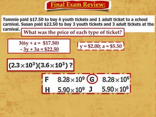 Final Exam Review:
What was the price of each type of ticket?
3(6y + a = $17.50)
- 3y + 3a = $22.50
y = $2.00; a = $5.50
 