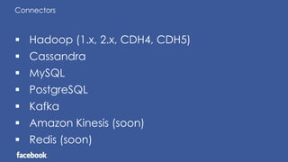 Connectors
 Hadoop (1.x, 2.x, CDH4, CDH5)
 Cassandra
 MySQL
 PostgreSQL
 Kafka
 Amazon Kinesis (soon)
 Redis (soon)
 