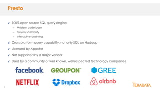 5
Presto
100% open source SQL query engine
– Modern code base
– Proven scalability
– Interactive querying
Cross platform query capability, not only SQL on Hadoop
Licensed by Apache
Not supported by a major vendor
Used by a community of well known, well respected technology companies
 