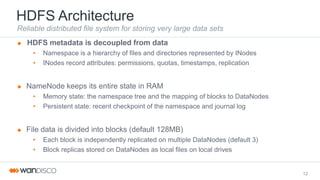 HDFS Architecture
Reliable distributed file system for storing very large data sets
 HDFS metadata is decoupled from data
• Namespace is a hierarchy of files and directories represented by INodes
• INodes record attributes: permissions, quotas, timestamps, replication
 NameNode keeps its entire state in RAM
• Memory state: the namespace tree and the mapping of blocks to DataNodes
• Persistent state: recent checkpoint of the namespace and journal log
 File data is divided into blocks (default 128MB)
• Each block is independently replicated on multiple DataNodes (default 3)
• Block replicas stored on DataNodes as local files on local drives
12
 