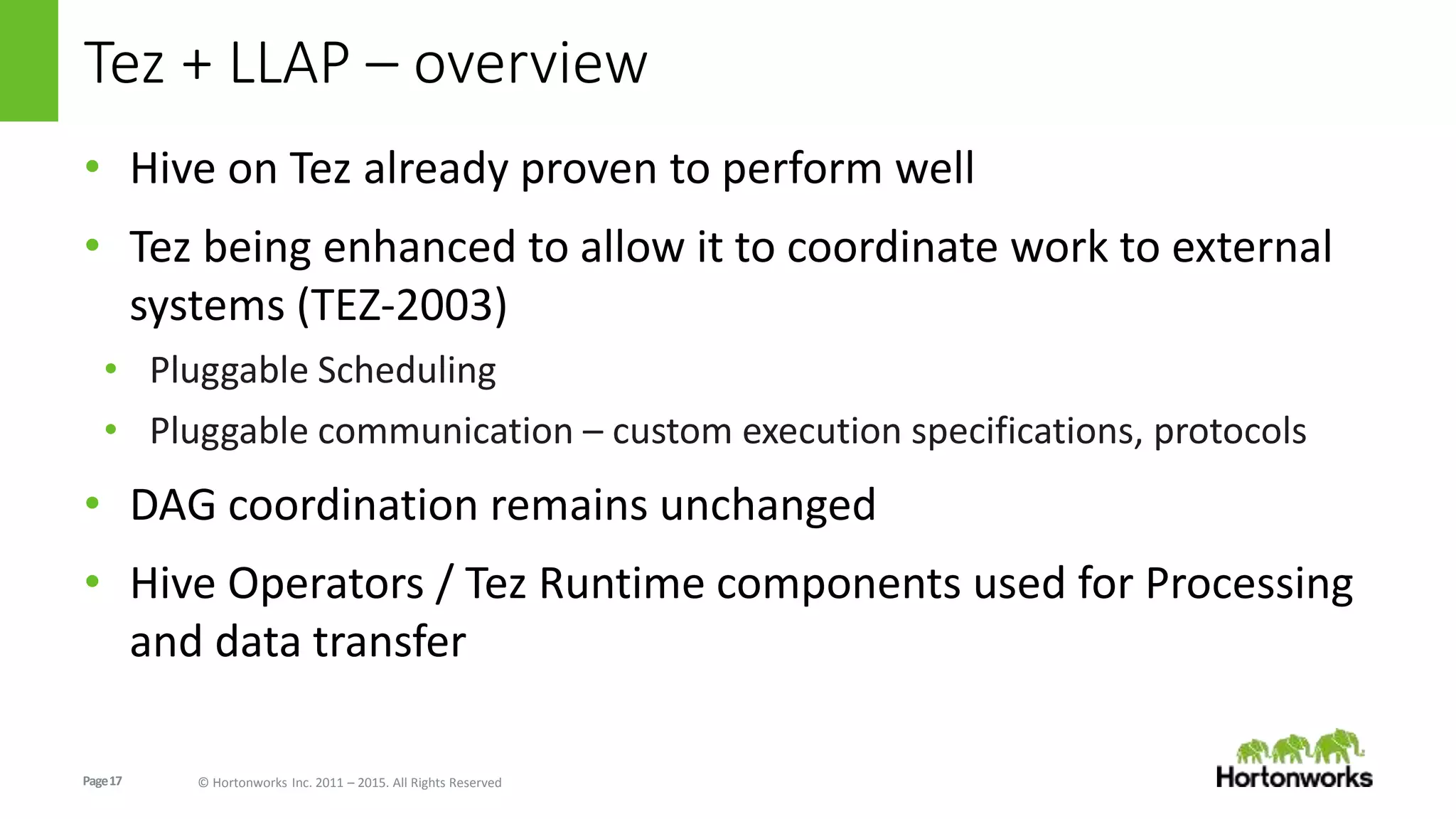 Page17 © Hortonworks Inc. 2011 – 2015. All Rights Reserved
Tez + LLAP – overview
• Hive on Tez already proven to perform well
• Tez being enhanced to allow it to coordinate work to external
systems (TEZ-2003)
• Pluggable Scheduling
• Pluggable communication – custom execution specifications, protocols
• DAG coordination remains unchanged
• Hive Operators / Tez Runtime components used for Processing
and data transfer
 