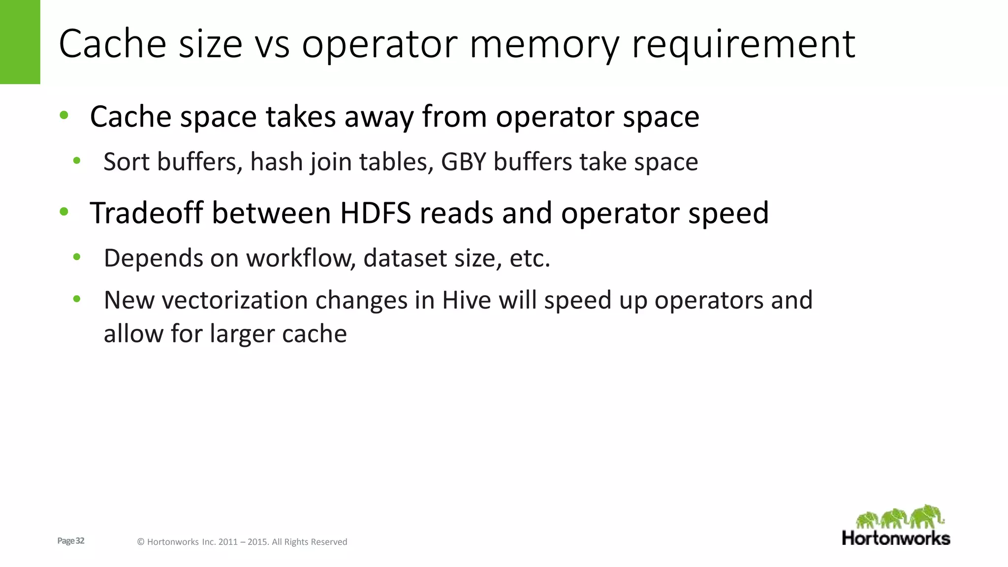 Page32 © Hortonworks Inc. 2011 – 2015. All Rights Reserved
Cache size vs operator memory requirement
• Cache space takes away from operator space
• Sort buffers, hash join tables, GBY buffers take space
• Tradeoff between HDFS reads and operator speed
• Depends on workflow, dataset size, etc.
• New vectorization changes in Hive will speed up operators and
allow for larger cache
 