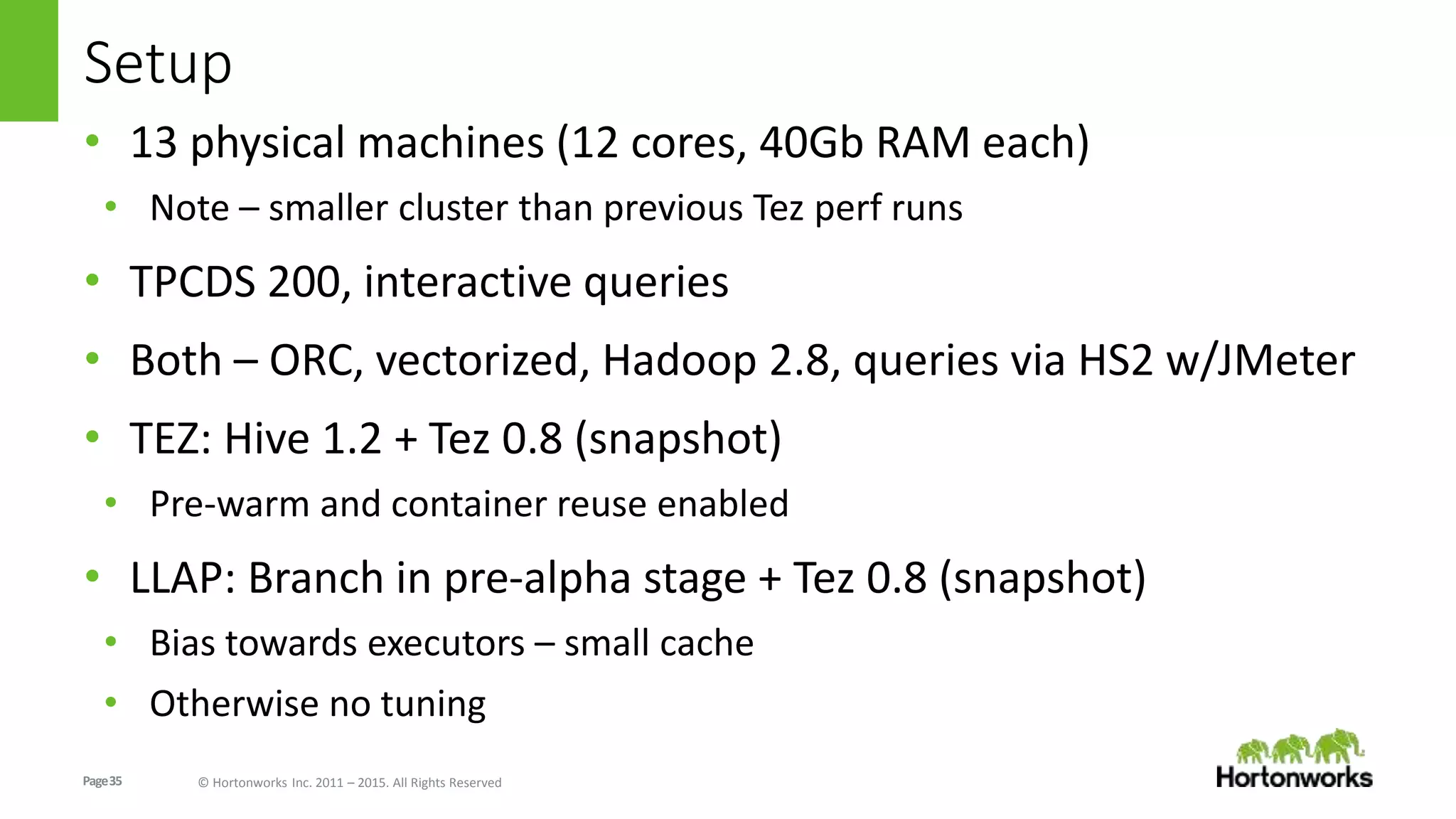 Page35 © Hortonworks Inc. 2011 – 2015. All Rights Reserved
Setup
• 13 physical machines (12 cores, 40Gb RAM each)
• Note – smaller cluster than previous Tez perf runs
• TPCDS 200, interactive queries
• Both – ORC, vectorized, Hadoop 2.8, queries via HS2 w/JMeter
• TEZ: Hive 1.2 + Tez 0.8 (snapshot)
• Pre-warm and container reuse enabled
• LLAP: Branch in pre-alpha stage + Tez 0.8 (snapshot)
• Bias towards executors – small cache
• Otherwise no tuning
 