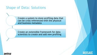 Shape of Data: Solutions
Create a system to store profiling data that
can be cross referenced with the physical
and business metadata
Create an extensible framework for data
scientists to create and add new profiling
 