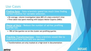 Use Cases
Finding Data : Data scientists spend too much time finding
correct columns for variable selection.
• On average, column investigation takes 80% of a data scientist’s time
• Time taken was spent meeting with Subject Matter Experts (SMEs)
Shape of Data : Reduce the number of ad-hoc profiling
queries run.
• ~78% of the queries run on the cluster are profiling queries
Tracking Transformations : Data scientists would like to
understand how data sets are derived.
• Transformations are only tracked at a high-level in documentation
 