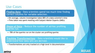 Use Cases
Finding Data : Data scientists spend too much time finding
correct columns for variable selection.
• On average, column investigation takes 80% of a data scientist’s time
• Time taken was spent meeting with Subject Matter Experts (SMEs)
Shape of Data : Reduce the number of ad-hoc profiling
queries run.
• ~78% of the queries run on the cluster are profiling queries
Tracking Transformations : Data scientists would like to
understand how data sets are derived.
• Transformations are only tracked at a high-level in documentation
 