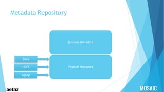 Metadata Repository
Physical Metadata
Business Metadata
HDFS
Sqoop
Hive
 