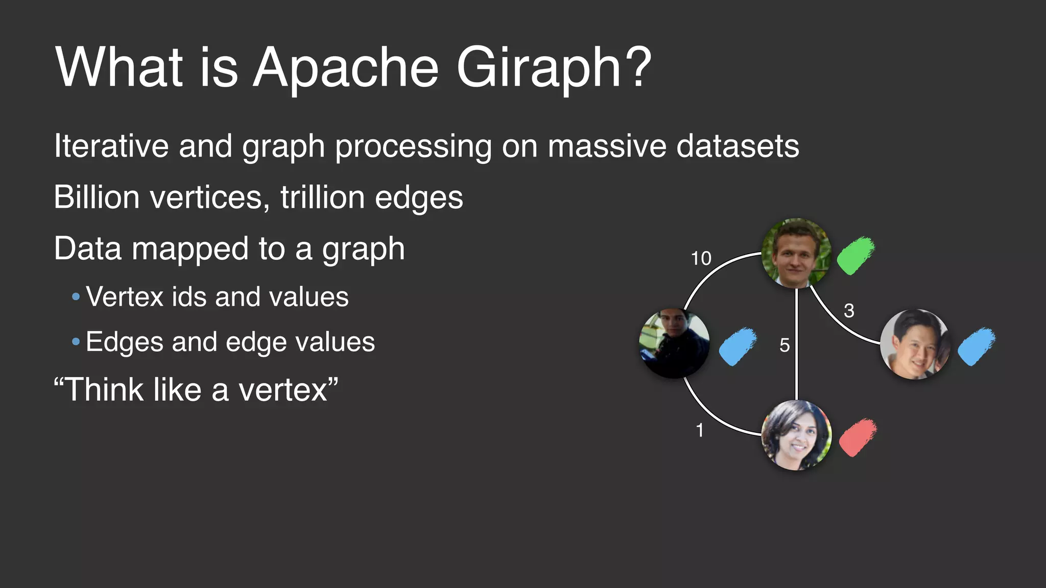 What is Apache Giraph? Iterative and graph processing on massive datasets Billion vertices, trillion edges Data mapped to a graph •Vertex ids and values •Edges and edge values “Think like a vertex” 10 5 1 3 
