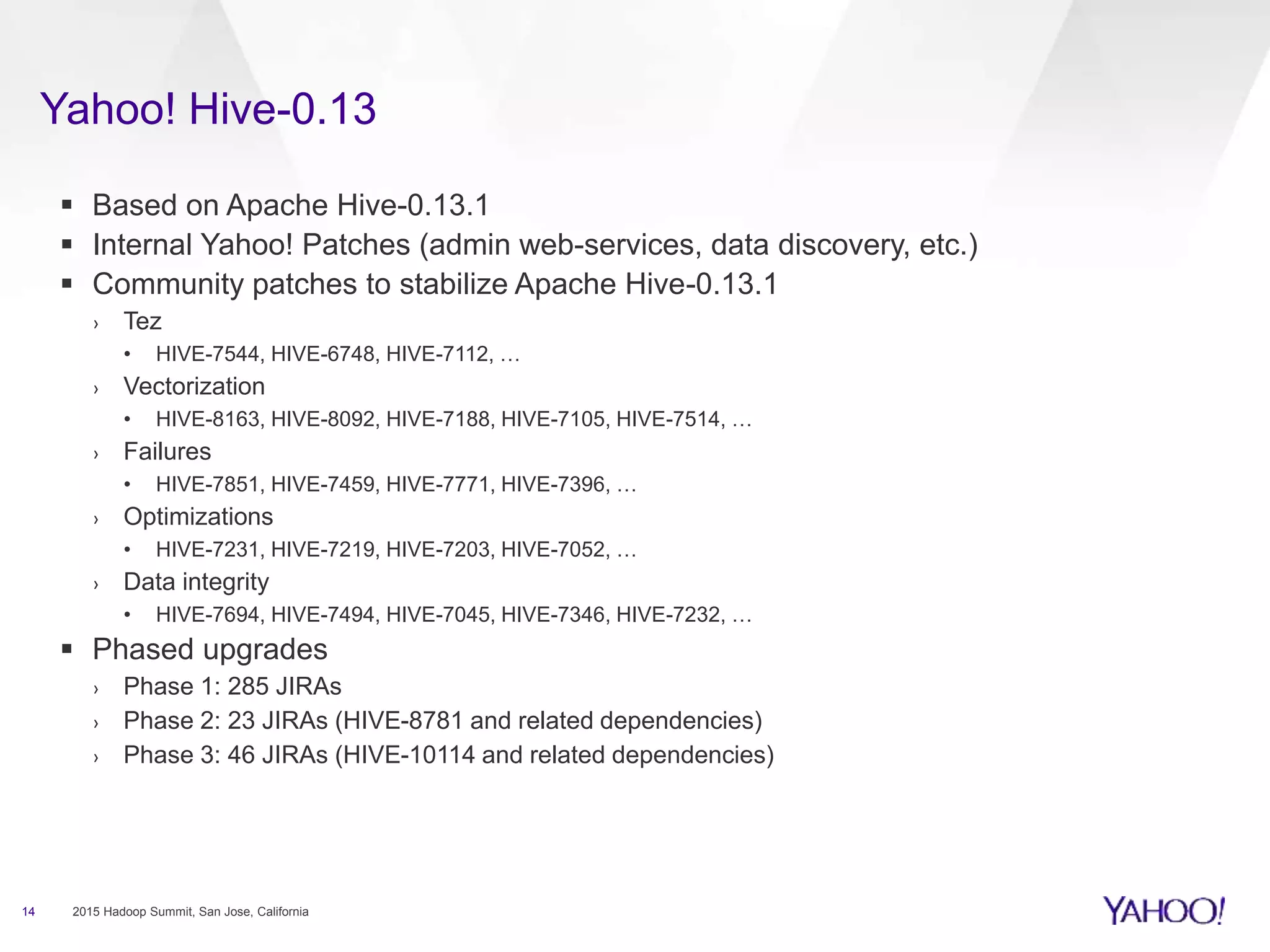 Yahoo! Hive-0.13
14 2015 Hadoop Summit, San Jose, California
 Based on Apache Hive-0.13.1
 Internal Yahoo! Patches (admin web-services, data discovery, etc.)
 Community patches to stabilize Apache Hive-0.13.1
› Tez
• HIVE-7544, HIVE-6748, HIVE-7112, …
› Vectorization
• HIVE-8163, HIVE-8092, HIVE-7188, HIVE-7105, HIVE-7514, …
› Failures
• HIVE-7851, HIVE-7459, HIVE-7771, HIVE-7396, …
› Optimizations
• HIVE-7231, HIVE-7219, HIVE-7203, HIVE-7052, …
› Data integrity
• HIVE-7694, HIVE-7494, HIVE-7045, HIVE-7346, HIVE-7232, …
 Phased upgrades
› Phase 1: 285 JIRAs
› Phase 2: 23 JIRAs (HIVE-8781 and related dependencies)
› Phase 3: 46 JIRAs (HIVE-10114 and related dependencies)
 