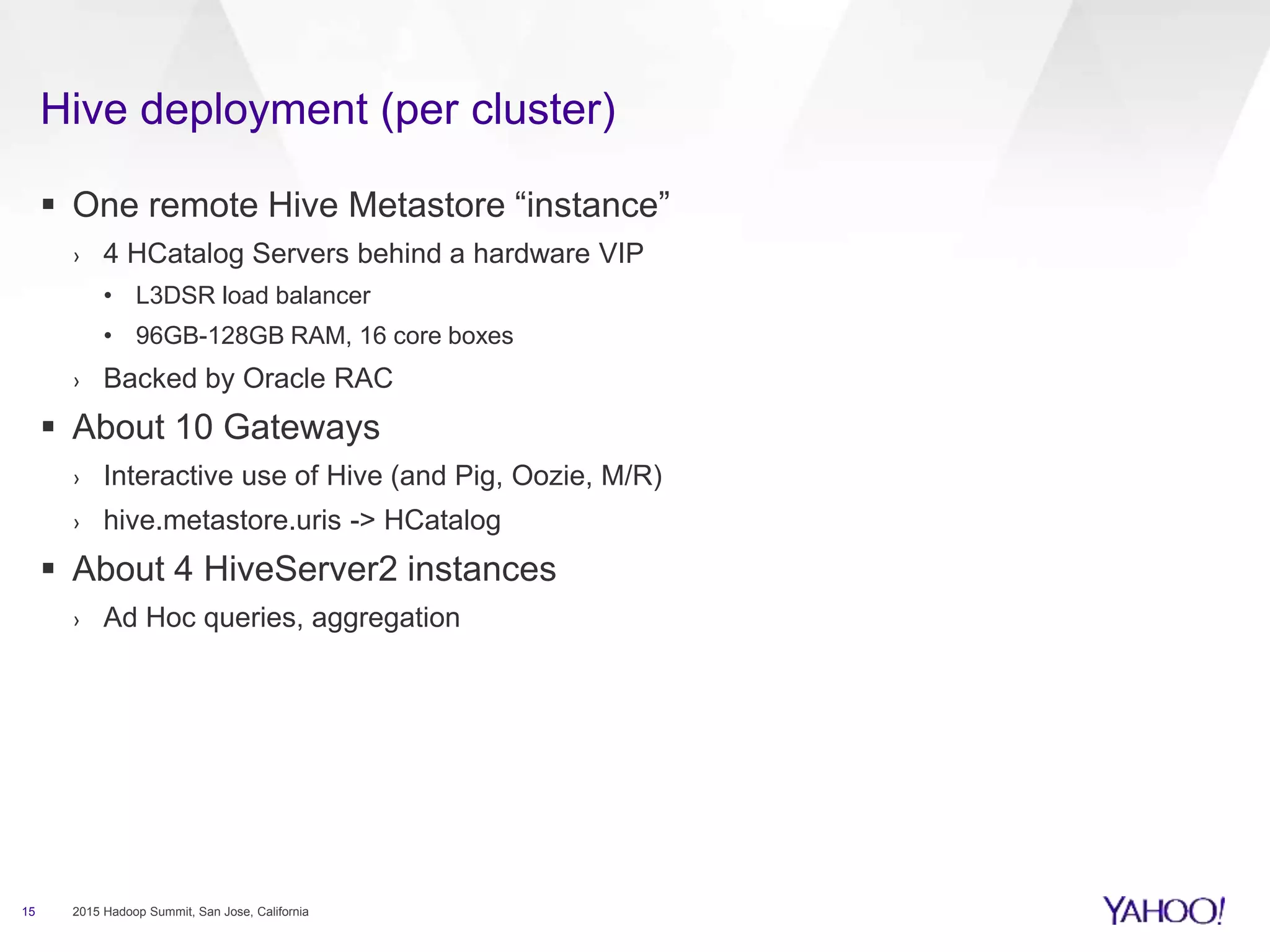  One remote Hive Metastore “instance”
› 4 HCatalog Servers behind a hardware VIP
• L3DSR load balancer
• 96GB-128GB RAM, 16 core boxes
› Backed by Oracle RAC
 About 10 Gateways
› Interactive use of Hive (and Pig, Oozie, M/R)
› hive.metastore.uris -> HCatalog
 About 4 HiveServer2 instances
› Ad Hoc queries, aggregation
15 2015 Hadoop Summit, San Jose, California
Hive deployment (per cluster)
 