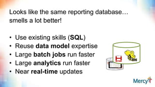 Looks like the same reporting database…
smells a lot better!
• Use existing skills (SQL)
• Reuse data model expertise
• Large batch jobs run faster
• Large analytics run faster
• Near real-time updates
 