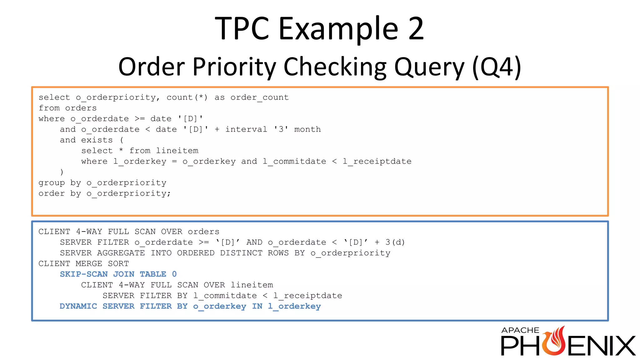 TPC Example 2 Order Priority Checking Query (Q4) select o_orderpriority, count(*) as order_count from orders where o_orderdate >= date '[D]' and o_orderdate < date '[D]' + interval '3' month and exists ( select * from lineitem where l_orderkey = o_orderkey and l_commitdate < l_receiptdate ) group by o_orderpriority order by o_orderpriority; CLIENT 4-WAY FULL SCAN OVER orders SERVER FILTER o_orderdate >= ‘[D]’ AND o_orderdate < ‘[D]’ + 3(d) SERVER AGGREGATE INTO ORDERED DISTINCT ROWS BY o_orderpriority CLIENT MERGE SORT SKIP-SCAN JOIN TABLE 0 CLIENT 4-WAY FULL SCAN OVER lineitem SERVER FILTER BY l_commitdate < l_receiptdate DYNAMIC SERVER FILTER BY o_orderkey IN l_orderkey 