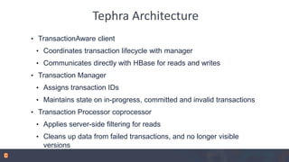 Tephra Architecture
• TransactionAware client
• Coordinates transaction lifecycle with manager
• Communicates directly with HBase for reads and writes
• Transaction Manager
• Assigns transaction IDs
• Maintains state on in-progress, committed and invalid transactions
• Transaction Processor coprocessor
• Applies server-side filtering for reads
• Cleans up data from failed transactions, and no longer visible
versions
 